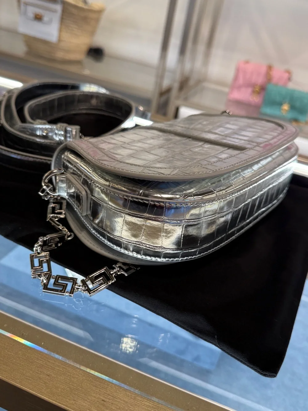 Versace Metallic Silver Croc-Embossed Crossbody Bag with Chain Strap - Picture 7 of 8